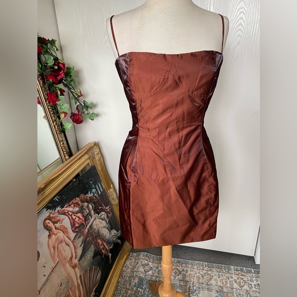 NWT Danielle Bernstein iridescent brown taffeta green shift bustier mini dress - Picture 9 of 12